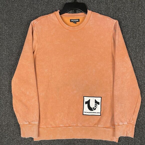 True Religion‎ Sweatshirt Mens Medium Faded Orange Logo Patch Crewneck Pullover - Picture 1 of 8